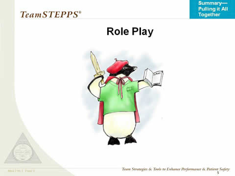 A penguin in a hat and cloak holds a wooden sword and play script.