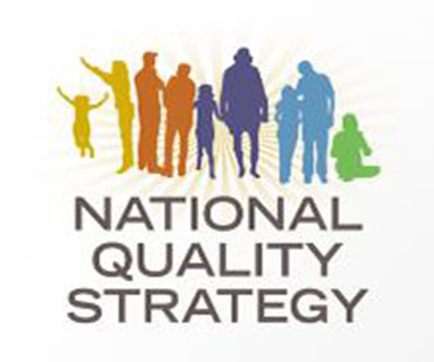Someone using a mobile device to tap on the National Quality Strategy logo to share content