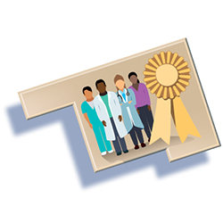 A puzzle piece showing a group of doctors and an award ribbon on top.