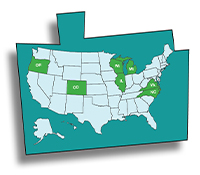 The fourth puzzle piece for grantees is a blue map showing the 7 grantee states in green: Oregon, Colorado, Wisconsin, Michigan, Illinois, Virginia, and North Carolina.