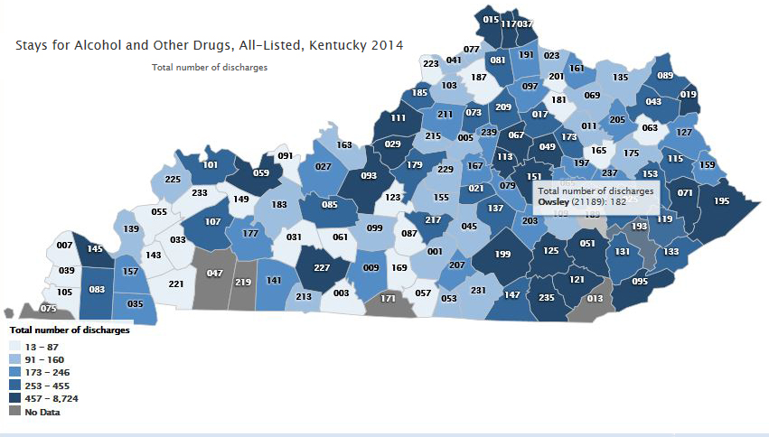 This map is an illustration of county-levels stays for alcohol and other drugs for the State of Kentucky in 2014.