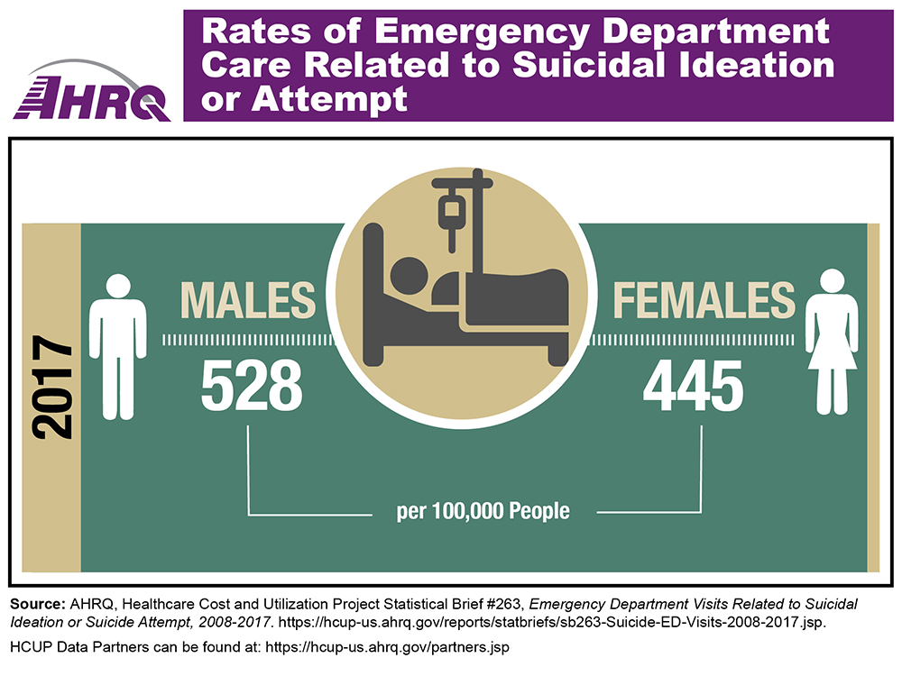Diagram showing emergency department visits per 100,000 people related to suicidal ideation or attempt: Males, 528; Females, 445.