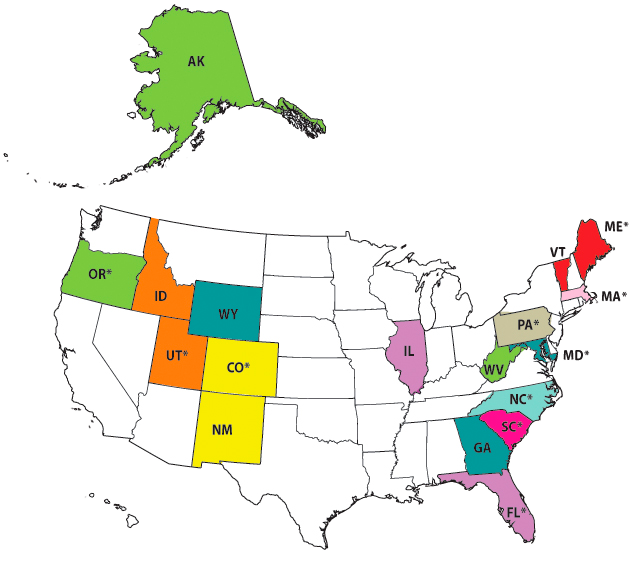 This figure depicts an interactive map of the United States and uses colors to identify the 10 States that are grantees of the CHIPRA Quality Demonstration Grant Program and their partner States. The grantees are Oregon (partnering with Alaska and West Virginia); Utah (partnering with Idaho); Maryland (partnering with Wyoming and Georgia); Colorado (partnering with New Mexico); Florida (partnering with Illinois); Maine (partnering with Vermont); Massachusetts; Pennsylvania; North Carolina; and South Carolina.