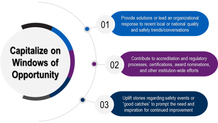 Exhibit 5. Capitalize on Windows of Opportunity: 1. Provide solutions or lead an organizational response to recent local or national quality and safety trends/conversations. 2. Contribute to accreditation and regulatory processes, certifications, award nominations, and other institution-wide efforts. 3. Uplift stories regarding safety events or good catches to prompt the need and inspiration for continued improvement.