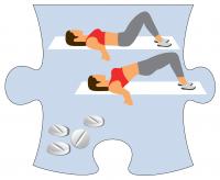 The second puzzle piece to depict the solution is an icon image of a woman doing a pelvic floor exercise, and images of four pills.