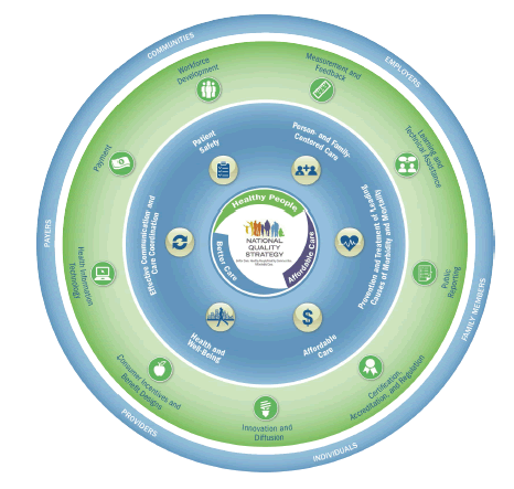 Image of the How It Works Graphic showing the 9 levers, 6 priorities, and 3 aims of the NQS.
