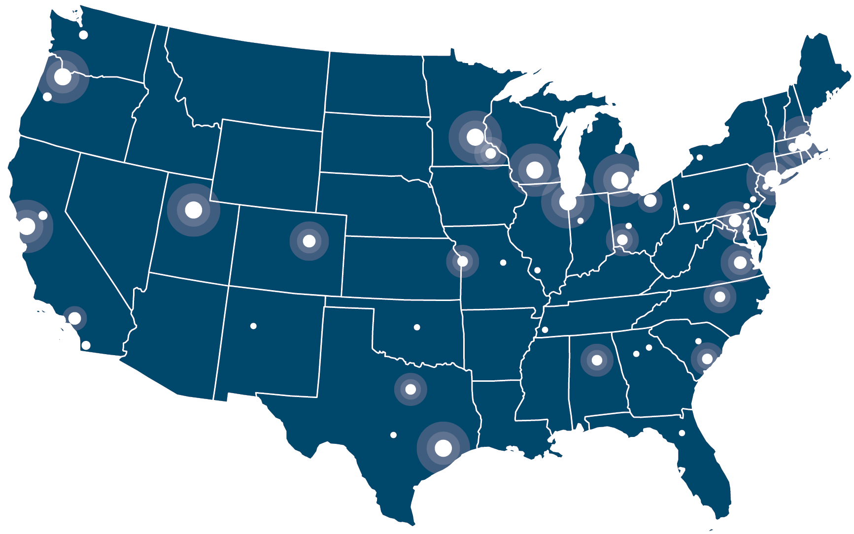 This map shows where the AHRQ primary care grants are distributed around the United States. The map shows larger dots, which indicate a larger number of grants, in cities along the eastern coast such as Boston, New York, and Washington D.C.; in the northern Midwest, such as Chicago, Ann Arbor, Madison, and Minneapolis; and in a few other places across the country including Atlanta, Houston, Dallas, Kansas City, Denver, Salt Lake City, Portland, and the Bay Area in CA.