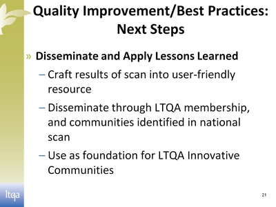 Quality Improvement/Best Practices: Next Steps