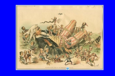 Image: A cartoon drawing shows Uncle Sam tied down like Gulliver