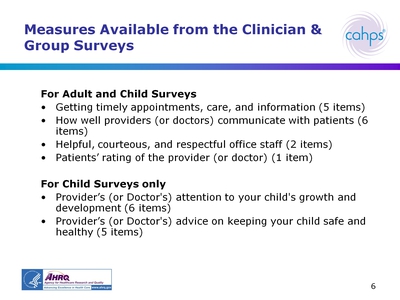 Measures Available from the Clinician and Group Surveys