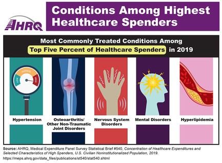 Conditions Among Highest Healthcare Spenders. Infographic showing most commonly treated conditions among top five percent of healthcare spenders in 2019: hypertension (with drawing of meter on high), osteoarthritis/other non-traumatic joint disorders (with drawing of knee showing inflammation), nervous system disorders (with drawing of hand indicating shaking/tremor), mental disorders (with drawing of health with starburst indicating an illness), and hyperlipidemia (with drawing of blood vessel clogged by fat cells).