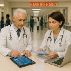Behavioral Healt: Two physicians consult using a laptop and a pad outside an Emergency Room.