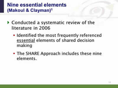Slide 12: Nine essential elements (Makoul & Clayman). Conducted a systematic review of the literature in 2006. Identified the most frequently referenced essential elements of shared decision making. The SHARE Approach includes these nine elements.
