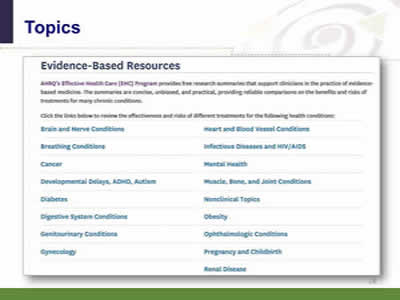 Slide 24: Topics. Screen shot image of the Effective Health Care Program Web page showing the lit of topics covered, including: Brain and Nerve Conditions. Breathing Conditions. Cancer. Developmental Delays, ADHD, Autism. Diabetes. Obesity. Digestive System Conditions. Genitourinary Conditions. Gynecology. Heart and Blood Vessel Conditions. Infectious Disease and HIV/AIDs. Mental Health. Muscle, Bone, and Joint Conditions. Nonclinical Topics. Ophthalmologic Conditions. Pregnancy and Childbirth. Renal Disease.
