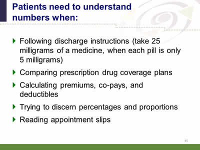 Slide 45: Patients need to understand numbers when: Following discharge instructions (take 25 milligrams of a medicine, when each pill is only 5 milligrams). Comparing prescription drug coverage plans. Calculating premiums, co-pays, and deductibles. Trying to discern percentages and proportions. Reading appointment slips.