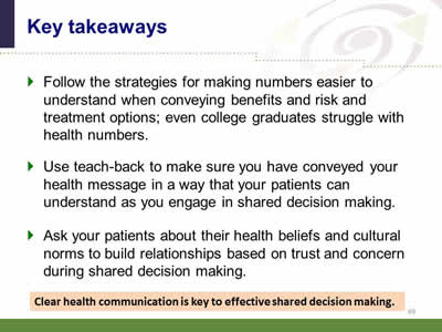 Slide 69: Key takeaways. Follow the strategies for making numbers easier to understand when conveying benefits and risk and treatment options; even college graduates struggle with health numbers. Use teach-back to make sure you have conveyed your health message in a way that your patients can understand as you engage in shared decision making.Ask your patients about their health beliefs and cultural norms to build relationships based on trust and concern during shared decision making. Clear health communication is key to effective shared decision making.