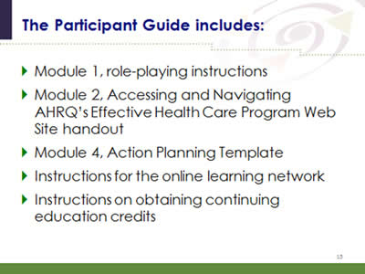 Slide 15: The Participant Guide includes: Module 1, role-playing instructions. Module 2, Accessing and Navigating AHRQ's Effective Health Care Program Web Site handout. Module 4, Action Planning Template. Instructions for the online learning network. Instructions on obtaining continuing education credits.