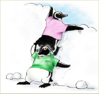 Two penguins are hiding behind a snowdrift; one penguin is holding the other up on his shoulders so the second penguin can look over the snowdrift's top.