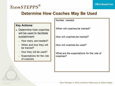Key Actions: Determine how coaches will be used to facilitate sustainment: How many are needed? When and how they will be trained?  How they will be used? Expectations for the role of coaches. Accompanying form has blank spaces to enter Number needed and responses to the following questions: When will coaches be trained? How will coaches be trained? How will coaches be used?  What are the expectations for the role of coaches?