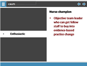 Nurse champion. Enthusiastic: Objective team leader who can get fellow staff to buy into evidence-based practice change