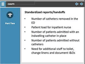 Standardized reports/handoffs  Bulleted list: number of catheters removed in the ED, patient load for inpatient nurse, number of patients admitted with an indwelling catheter in place, number of patients admitted without catheters, need for additional staff to toilet, change lines, and document I&Os.