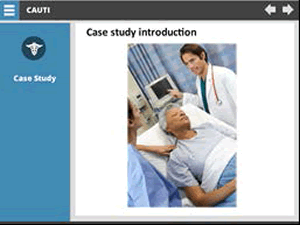 Case study introduction. Image of an elderly woman in a hospital bed being attended to by healthcare professionals.