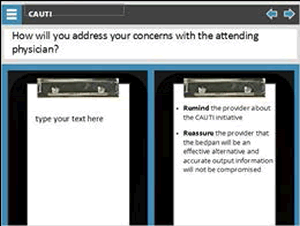 How will you address your concerns with the attending physician? Screen shot of a clipboard with a sheet paper with the graphic saying "type your text here". Also screen shot of a clipboard with a sheet of paper with the graphic on right saying remind the provider about the CAUTI initiative, reassure the provider that the bedpan will be an effective alternative and accurate output information will not be compromised.