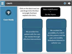 Click on the black text box and drag it into the blue rectangle that best explains the term. Black text box reads "non-maleficence -- Do No Harm.  Blue rectangle on left reads "We provided the patient with the care she needed through effective intervention." Blue rectangle on right reads "We avoided the possibility of a CAUTI for this patient and the pain and mobility limitations inherent in catheter use.