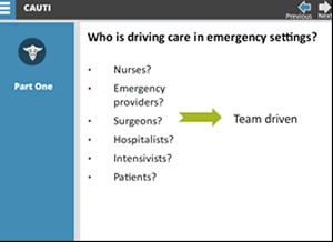 Who is drivng care in emergency settings? Bulleted list: Nurses? Emergency providers? Surgeons? Hospitalists? Intensivists? Patients? Green arrow pointing right from list to term "team driven"