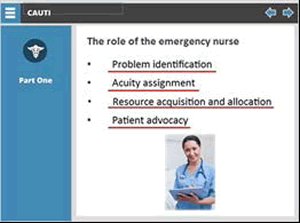 The role of the emergency nurse. Bulleted list: problem identification, acuity assignment, resource acquisition and allocation, patient advocacy.