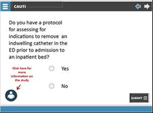 Do you have a protocol for assessing for indications to remove an indwelling catheter in the ED prior to admission to an inpatient bed? (click yes or no)