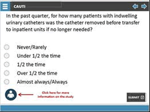 In the past quarter, for how many patients with indwelling urinary catheters was the catheter removed before transfer to inpatient units if no longer needed? Click on a response: Never/rarely, under 1/2 the time, 1/2 the time, over 1/2 the time, almost always/always