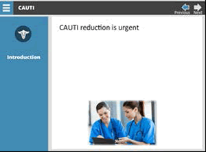 Text reads "CAUTI reduction is urgent." Photo of two clinicians talking.