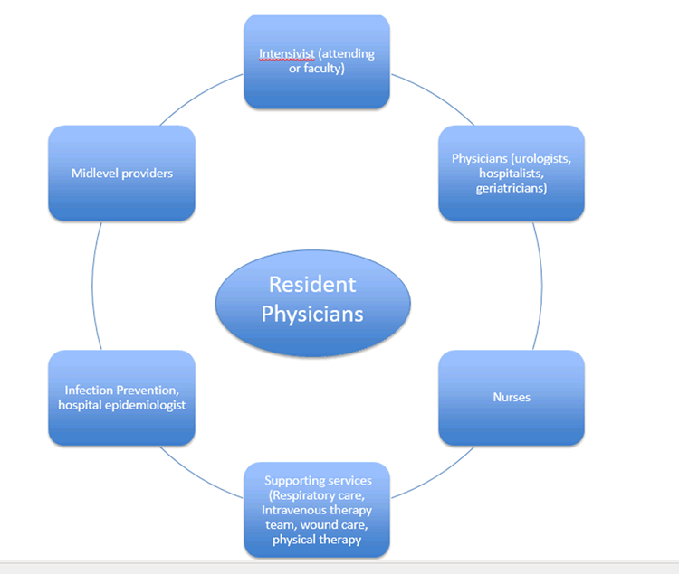 Diagram depicting interaction between resident physician and other stakeholders. Resident physician is in the center, surrounded by the intensivist, physicians, nurses, supporting services, infection prevention or hospital epidemiologist, and midlevel providers.