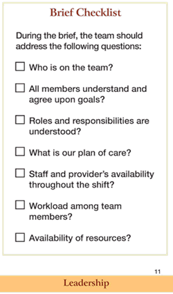 During the brief, the team should address the following questions:  Who is on the team? All members understand and agree upon goals? Roles and responsibilities are understood? What is our plan of care? Staff and provider's availability throughout the shift? Workload among team members? Availability of resources?