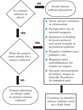 The flowchart is titled Evaluation of Urinary Catheter Need and has a flow chart that asks, is a urinary catheter in place? If no, avoid urinary catheter placement. If yes, does the patient meet criteria for a urinary catheter? If no, contact physician to obtain order to remove urinary catheter. If yes, the criteria are listed in a box: Acute urinary retention or obstruction, perioperative use in selected surgeries, assistance in healing of severe perineal and sacral wounds in incontinent patients, hospice/comfort care/palliative care, required immobilization for trauma or surgery, accurate measurement of urinary output in critically ill patients (intensive care). The next box states to continue to monitor urinary catheter need on a daily basis. 