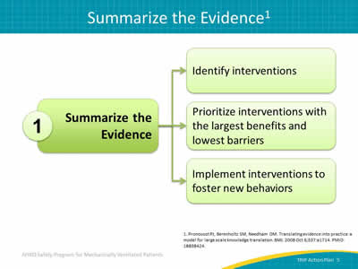 Image: Summarize the Evidence:  1. Identify interventions; 2. Prioritize interventions with the largest benefits and lowest barriers; 3. Implement interventions to foster new behaviors.