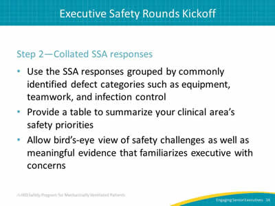 Step 2 - Collated SSA responses: Use the SSA responses grouped by commonly identified defect categories such as equipment, teamwork, and infection control. Provide a table to summarize your clinical area’s safety priorities. Allow bird’s-eye view of safety challenges as well as meaningful evidence that familiarizes executive with concerns.
