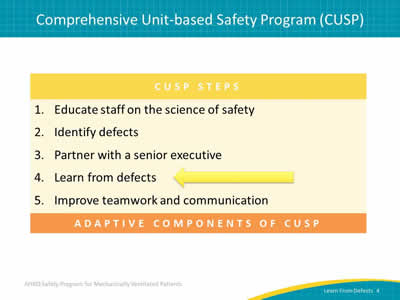 Image: Chart showing CUSP Steps: 1. Educate staff on the science of safety. 2. Identify defects. 3. Partner with a senior executive. 4. Learn from defects. 5. Improve teamwork and communication. An arrow points at 'Learn from defects.'