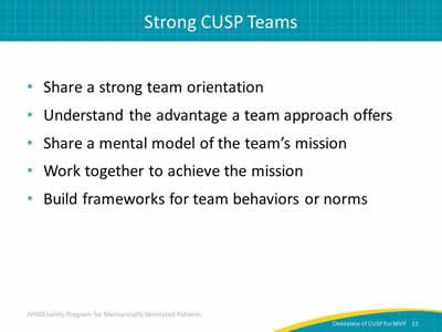 Share a strong team orientation. Understand the advantage a team approach offers. Share a mental model of the team’s mission. Work together to achieve the mission. Build frameworks for team behaviors or norms.