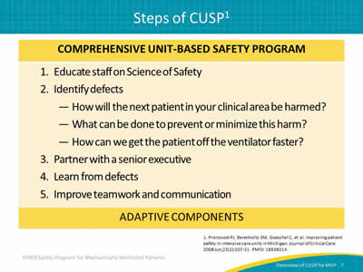 Image: Chart of five adaptive components of CUSP: Educate staff on the Science of Safety, identify defects, partner with a senior executive, learn from defects, and improve teamwork and communication.