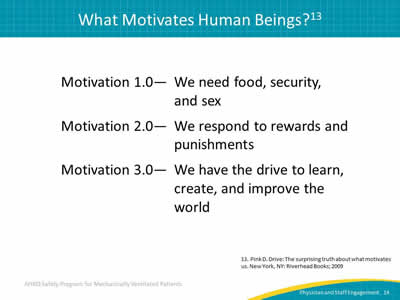 Motivation 1.0 - We need food, security, and sex. Motivation 2.0 - We respond to rewards and punishments. Motivation 3.0 - We have the drive to learn, create, and improve the world.