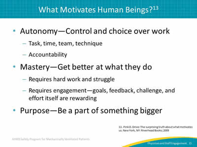 Autonomy - Control and choice over work: Task, time, team, technique. Accountability. Mastery - Get better at what they do: Requires hard work and struggle. Requires engagement - goals, feedback, challenge and effort itself is rewarding. Purpose - Be a part of something bigger.