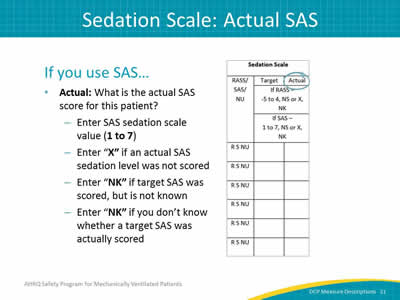 Slide 21: If you use SAS. Actual asks what is the actual SAS score for the patient. Enter SAS sedation scale value (1 to 7). Enter X if an actual SAS sedation level was not scored. Enter NK if target SAS was scored, but is not known. Enter NK if you don't know whether a target SAS was actually scored.