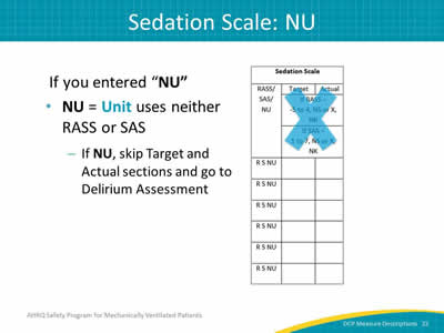 Slide 22: If you enter "NU", then NU equals United uses neither RAS or SAS. If NU, skip target and actual sections and go to delirium assessment. 