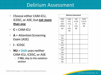 Slide 24: Choose either CAM-ICU, ICDSC, or ASE, but not more than one. C is for CAM-ICU. A is for Attention-Screening Exam (ASE), and I is for ICDSC. NU is for Unit uses neither CAM-ICU, ICDSC, or ASE. If NU, skip to the sedation section.