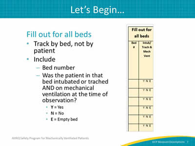 Slide 7: Fill out for all bed: track by bed, not by patient, include: bed number, was the patient in that bed intubated or trached and on mechanical ventilation at the time of observation? Enter Y for yes, N for No, or E for Empty bed.