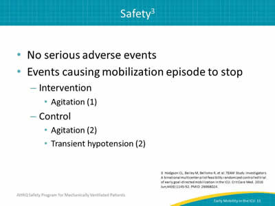 No serious adverse events. Events causing mobilization episode to stop: Intervention: Agitation (1). Control: Transient hypotension (2). Agitation (2).