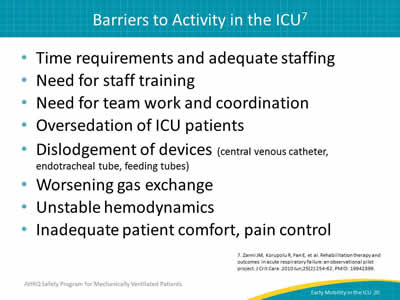 Time requirements and adequate staffing. Need for staff training. Need for team work and coordination. Oversedation of ICU patients. Dislodgement of devices (central venous catheter, endotracheal tube, feeding tubes). Worsening gas exchange. Unstable hemodynamics. Inadequate patient comfort, pain control.