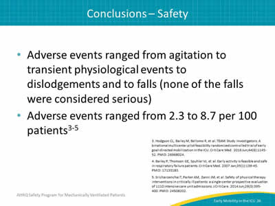 Adverse events ranged from agitation to transient physiological events to dislodgements and to falls (none of the falls were considered serious). Adverse events ranged from 2.3 to 8.7 per 100 patients.